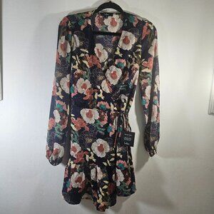 LULUs   So Splendid Navy Blue Floral Satin Long Sleeve Wrap Dress  Size M